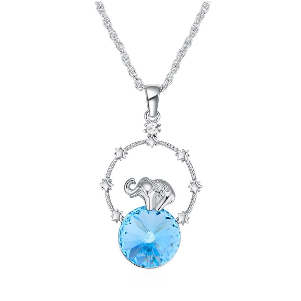 Aqua Rivoli Crystal Elephant Pendant Necklace 15”+2” Extension Silver Tone